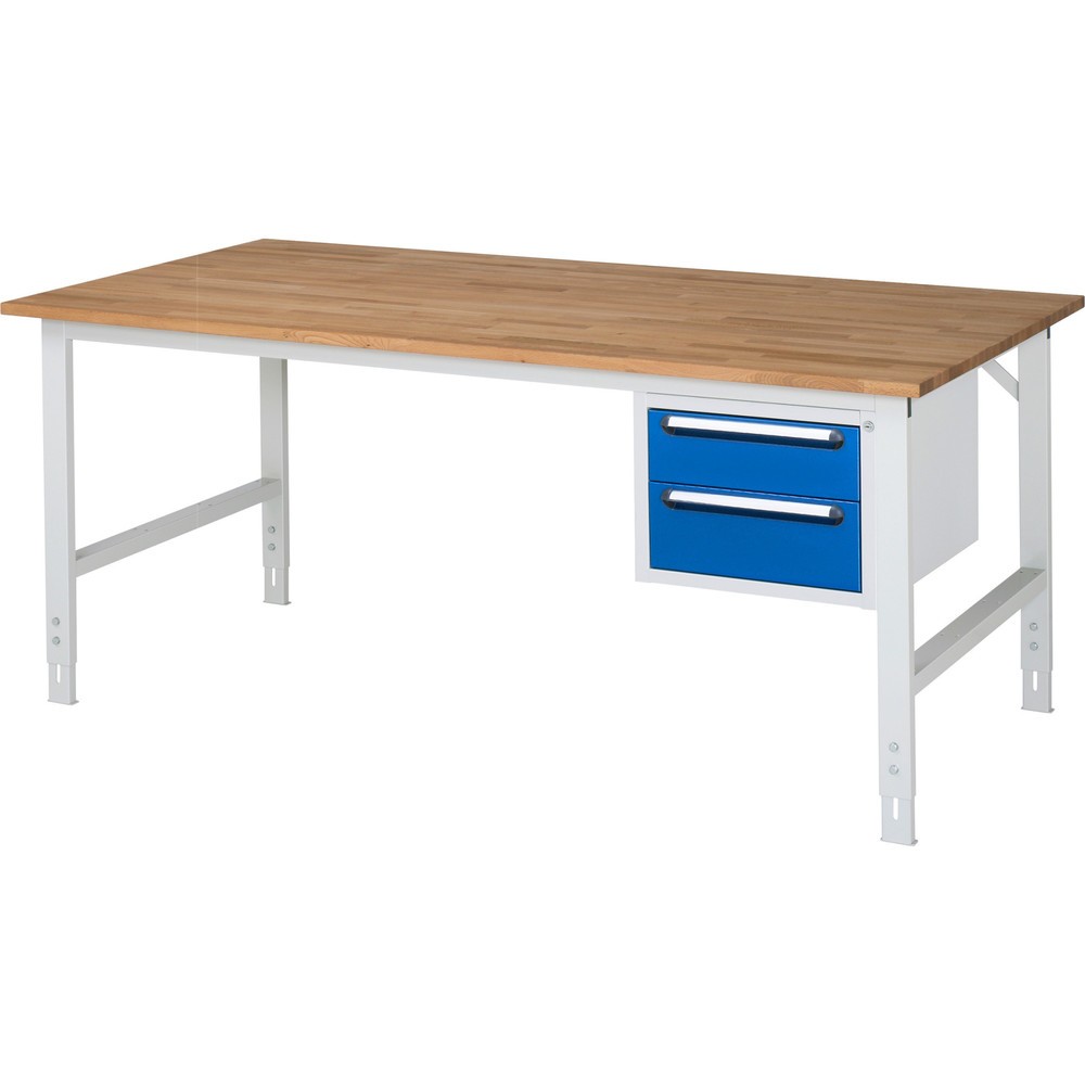 Numéro de l'image du produit 1: RAU Établi réglable en hauteur série TOM, HxlxP 760-1 080 x 2 500 x 1 000 mm, 2 tiroirs, Plan de travail en hêtre massif