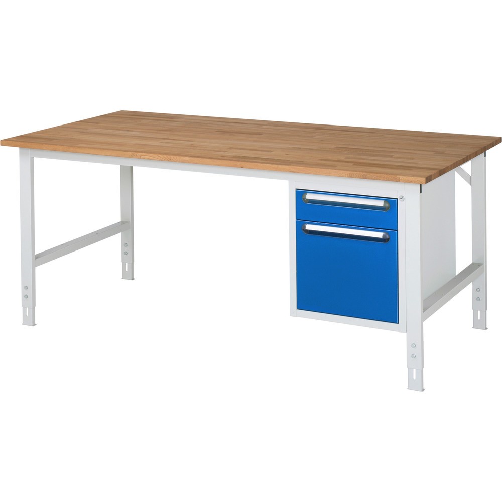 Numéro de l'image du produit 1: RAU Établi réglable en hauteur série TOM, HxlxP 760-1 080 x 2 500 x 1 000 mm, 2 tiroirs, Plan de travail en hêtre massif
