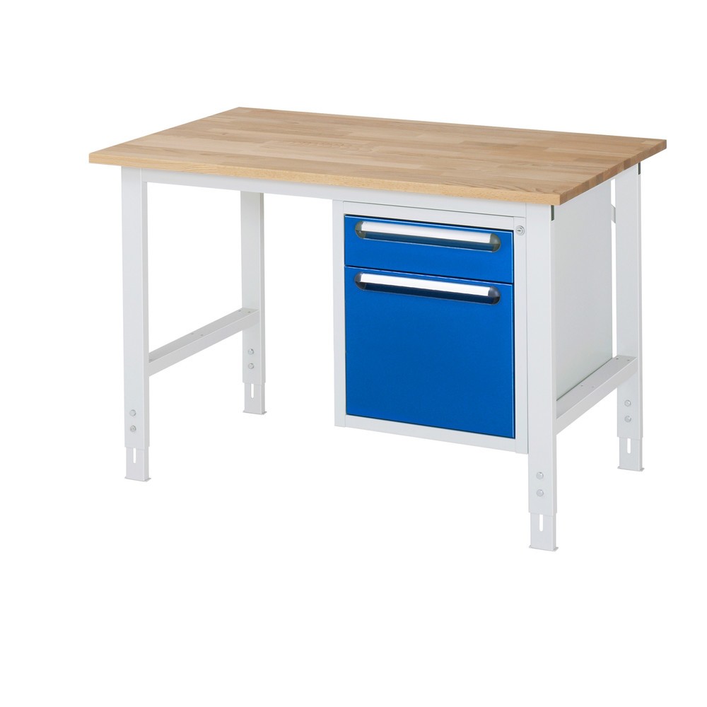 Numéro de l'image du produit 1: RAU Établi réglable en hauteur série TOM, HxlxP 760-1 080 x 1 250 x 800 mm, 2 tiroirs, Plan de travail en hêtre massif