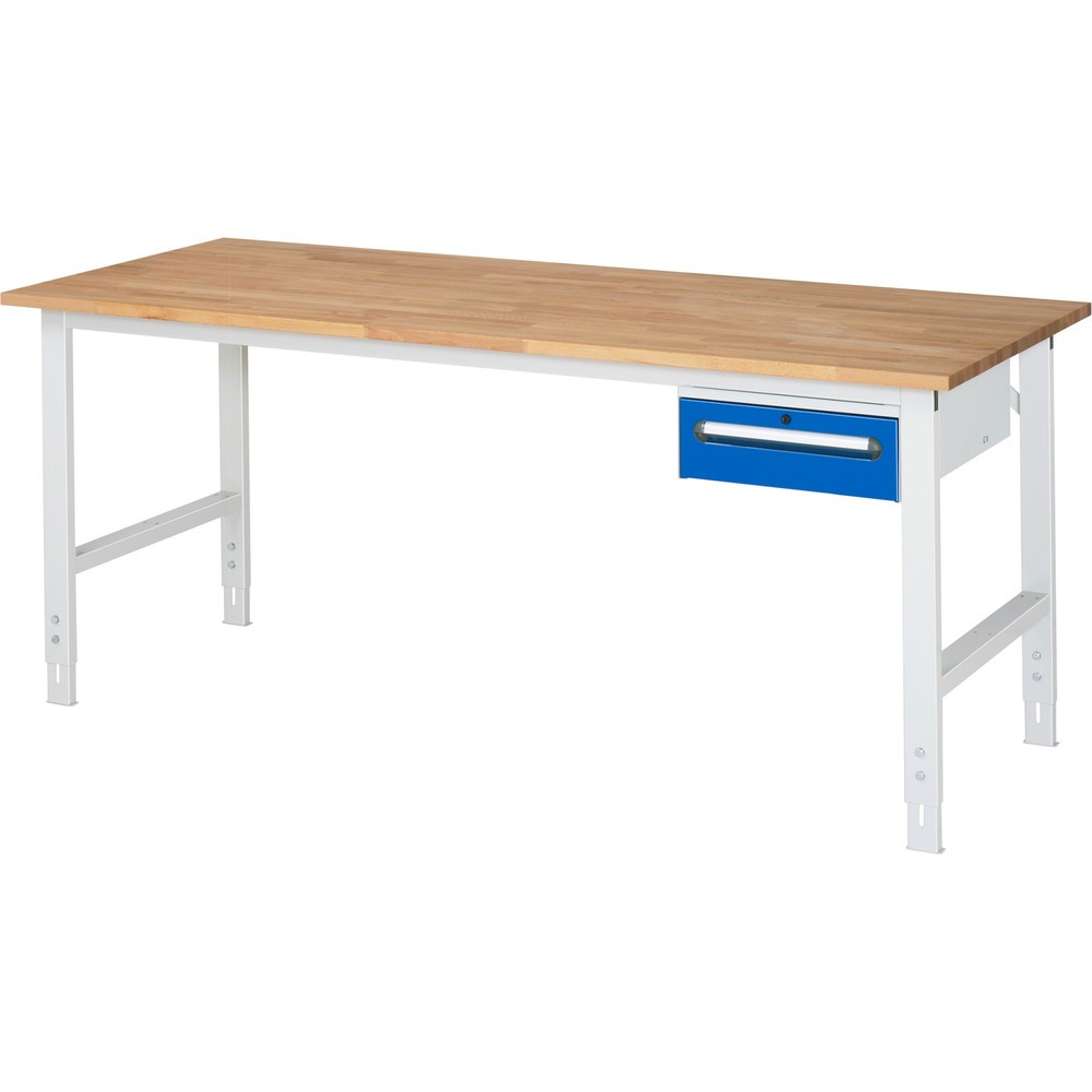 Numéro de l'image du produit 1: RAU Établi réglable en hauteur série TOM, HxlxP 760-1 080 x 2 500 x 800 mm, 2 tiroirs, Plan de travail en hêtre massif