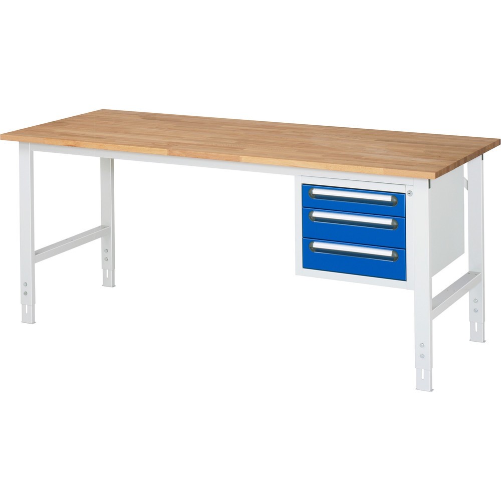 Numéro de l'image du produit 1: RAU Établi réglable en hauteur série TOM, HxlxP 760-1 080 x 2 500 x 800 mm, 2 tiroirs, Plan de travail en hêtre massif