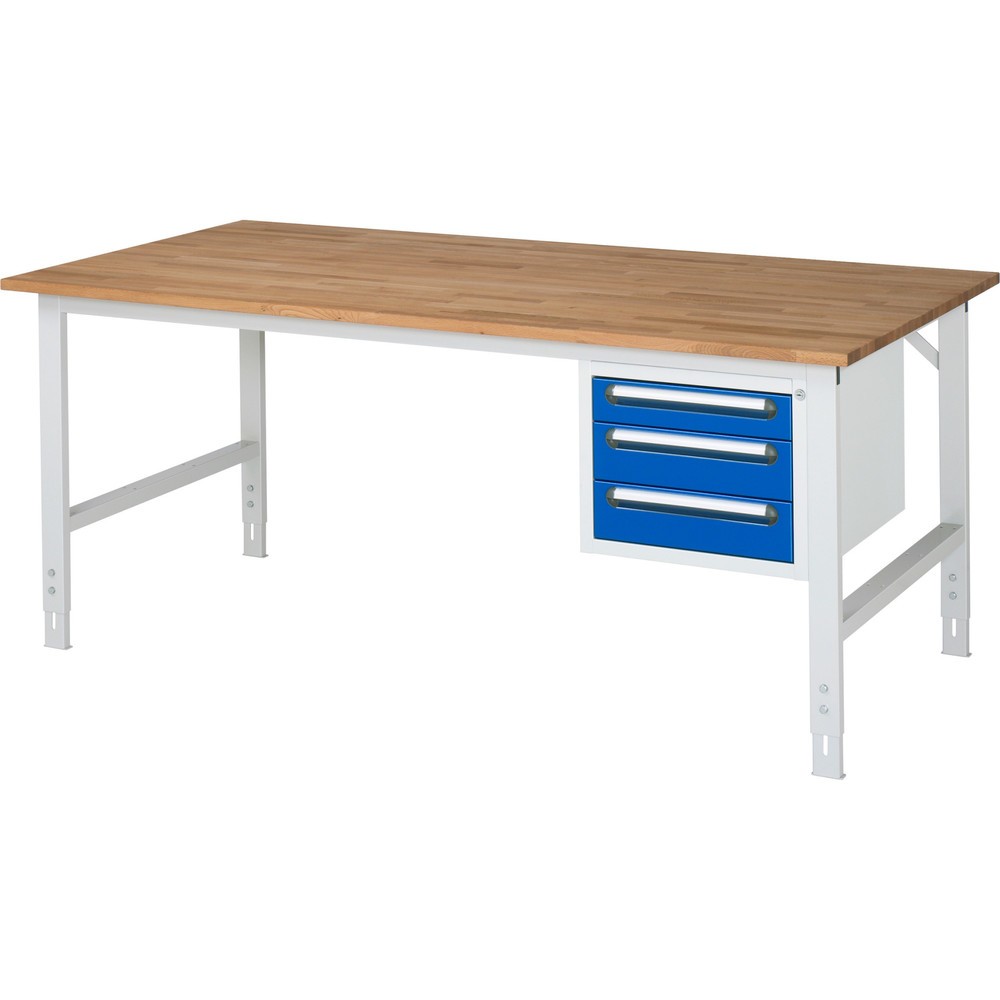 Numéro de l'image du produit 1: RAU Établi réglable en hauteur série TOM, HxlxP 760-1 080 x 2 500 x 1 000 mm, 3 tiroirs, Plan de travail en hêtre massif
