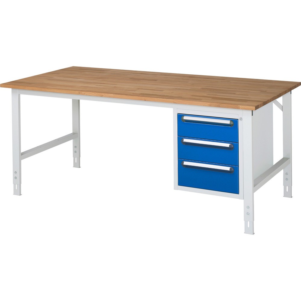Numéro de l'image du produit 1: RAU Établi réglable en hauteur série TOM, HxlxP 760-1 080 x 2 500 x 1 000 mm, 3 tiroirs, Plan de travail en hêtre massif
