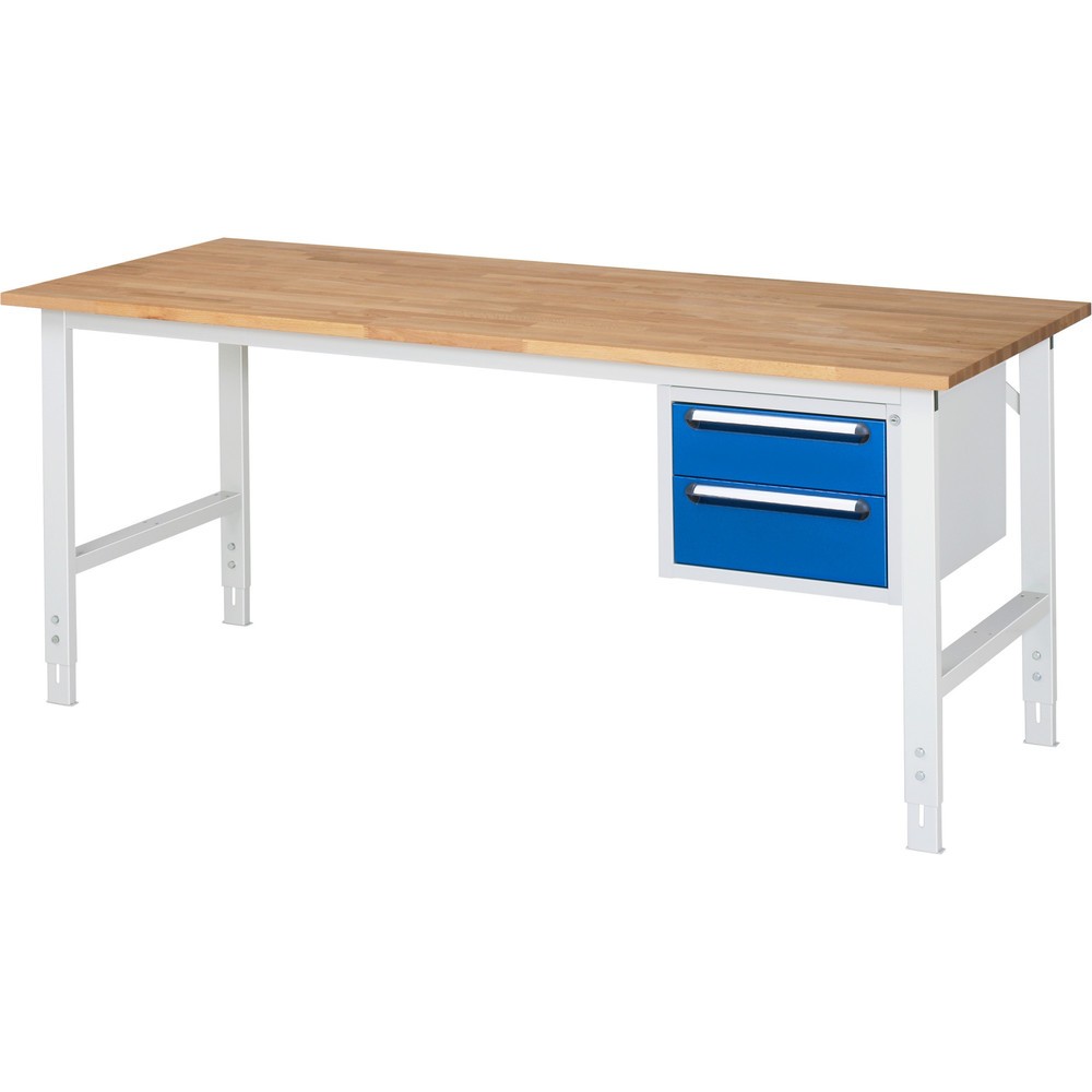 Numéro de l'image du produit 1: RAU Établi réglable en hauteur série TOM, HxlxP 760-1 080 x 2 500 x 800 mm, 3 tiroirs, Plan de travail en hêtre massif