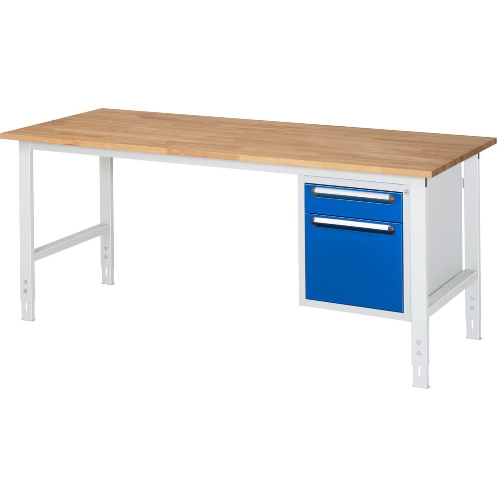 Numéro de l'image du produit 1: RAU Établi réglable en hauteur série TOM, HxlxP 760-1 080 x 2 500 x 800 mm, 3 tiroirs, Plan de travail en hêtre massif