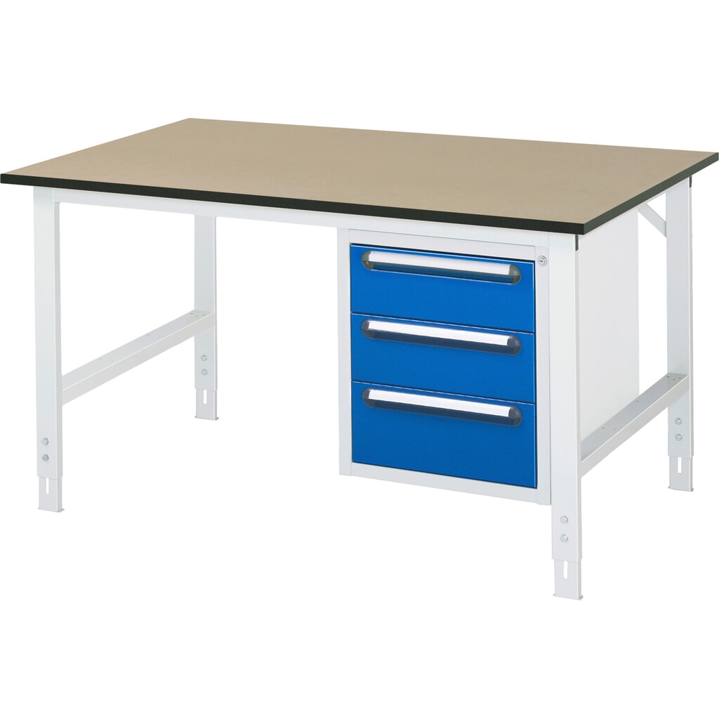 RAU Table de travail réglable en hauteur Série TOM, HxlxP 760-1 080 x 1 500 x 1 000 mm, 3 tiroirs, plan de travail en MDF Illustration du produit: RAU Table de travail réglable en hauteur Série TOM, HxlxP 760-1 080 x 1 500 x 1 000 mm, 3 tiroirs, plan de travail en MDF