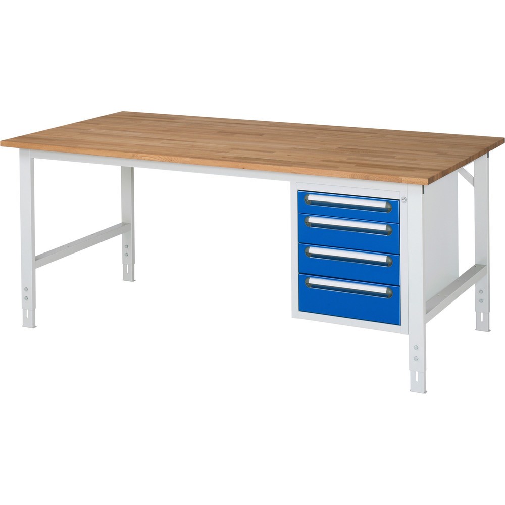 Numéro de l'image du produit 1: RAU Établi réglable en hauteur série TOM, HxlxP 760-1 080 x 2 500 x 1 000 mm, 4 tiroirs, Plan de travail en hêtre massif