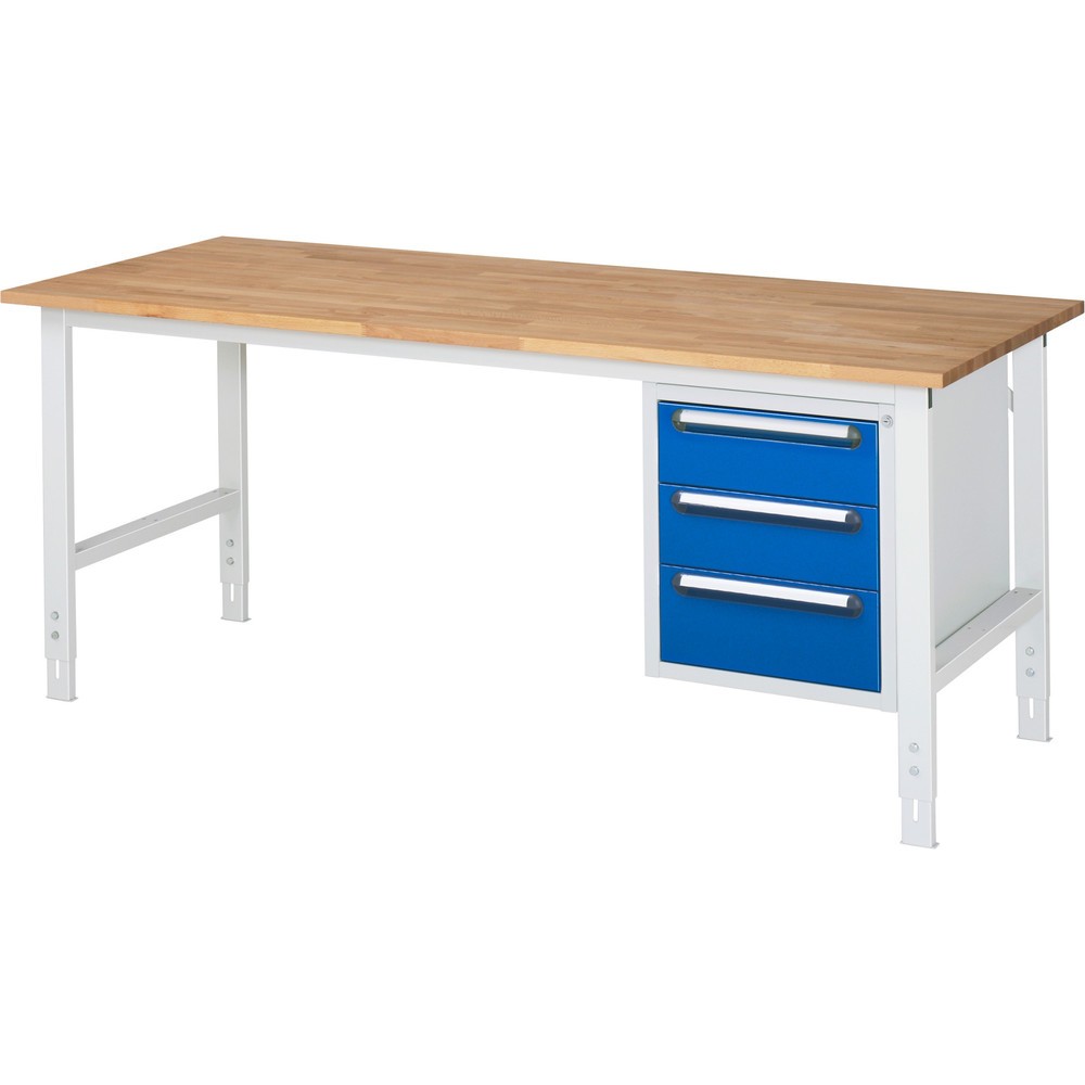 Numéro de l'image du produit 1: RAU Établi réglable en hauteur série TOM, HxlxP 760-1 080 x 2 500 x 800 mm, 4 tiroirs, Plan de travail en hêtre massif