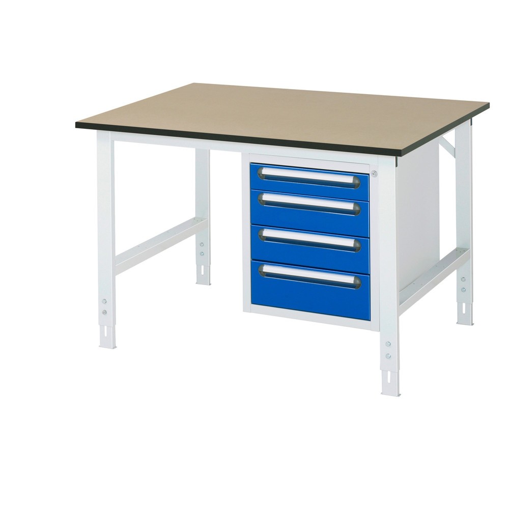 Numéro de l'image du produit 1: RAU Établi réglable en hauteur série TOM, HxlxP 760-1 080 x 1 250 x 1 000 mm, 4 tiroirs, Plan de travail en MDF