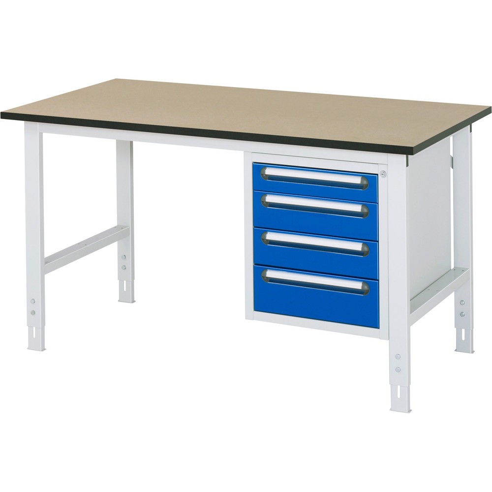 N° de l'image du produit 1 : RAU Table de travail réglable en hauteur Série TOM, HxlxP 760-1 080 x 1 500 x 800 mm, 4 tiroirs, plan de travail en MDF