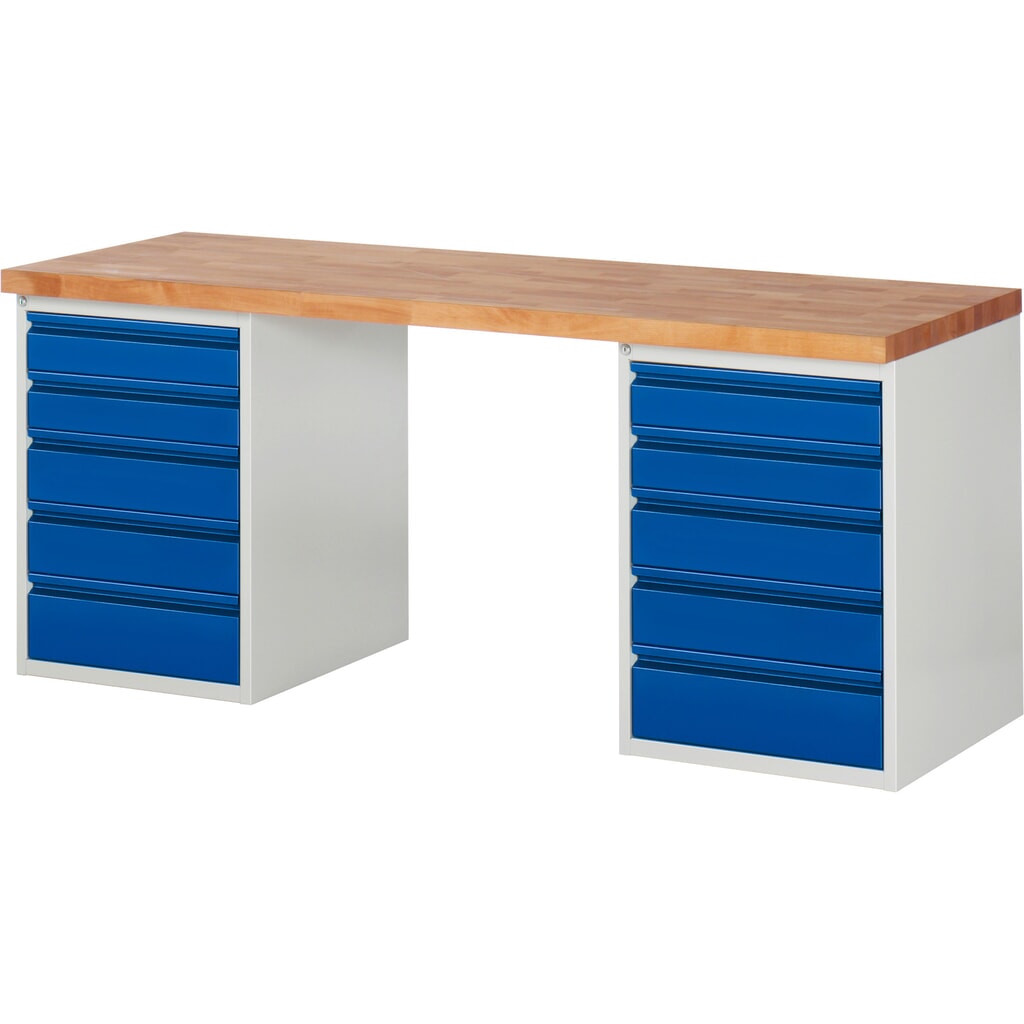 N° de l'image du produit 1 : RAU Établi série 7000, 2 caissons, HxlxP 840 x 2 000 x 700 mm, 10 tiroirs 4 x 120 mm, 4 x 150 mm, 2 x 180 mm
