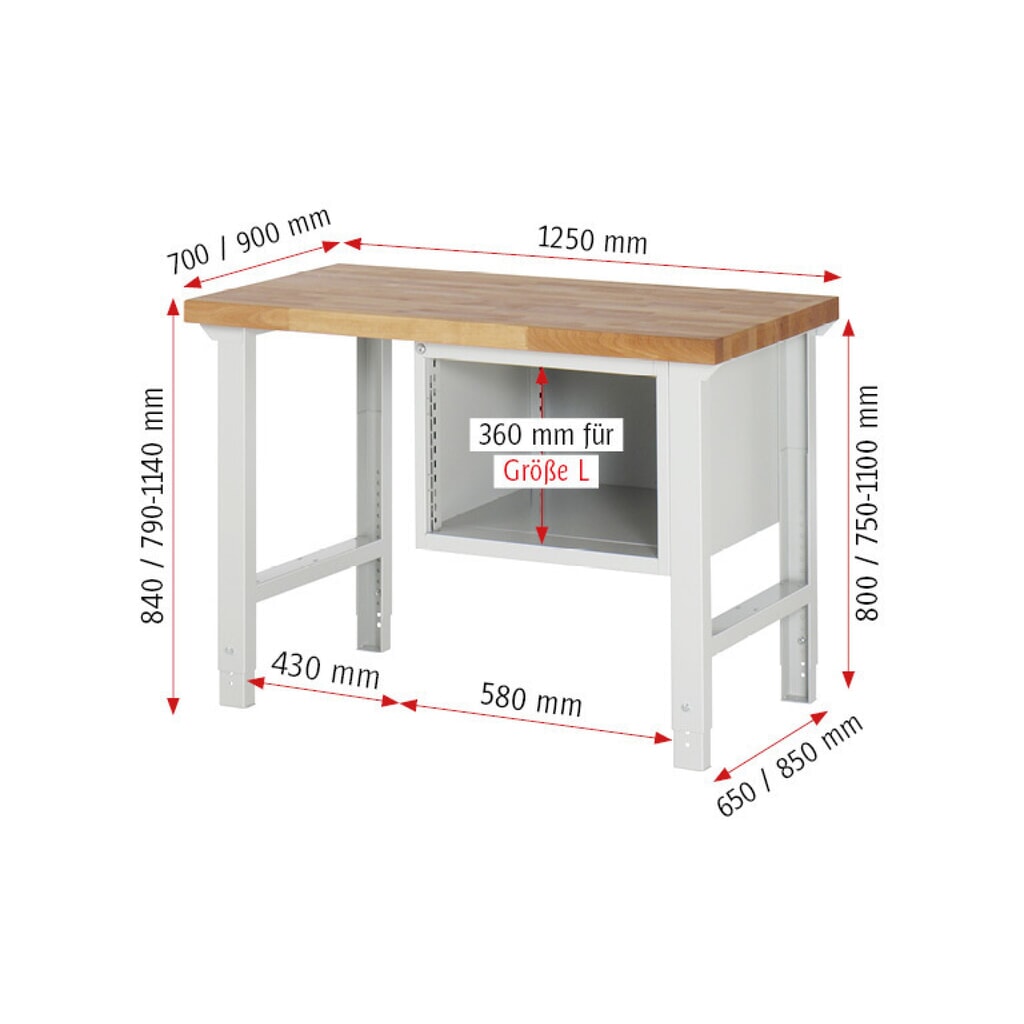 N° de l'image du produit 6 : RAU Établi série 7000, 1 caisson, HxlxP 840 x 1 250 x 900 mm, 3 tiroirs extractibles à 100% 1 x 60, 1 x 120, 1 x 180 mm, capacité de charge des tiroirs 100 kg