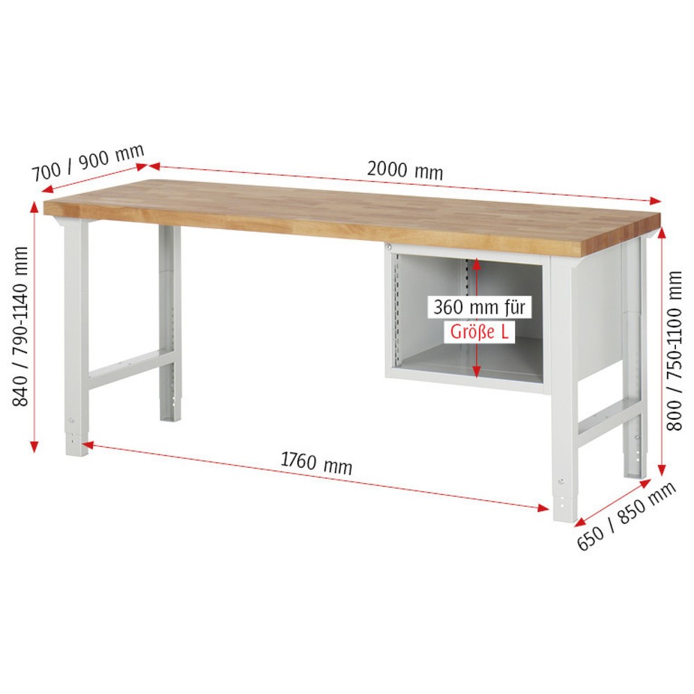 Numéro de l'image du produit 4: RAU Établi série 7000, 1 caisson, HxlxP 840 x 2 000 x 900 mm, 4 tiroirs extractibles à 100% 1 x 60, 2 x 90, 1 x 120 mm, capacité de charge des tiroirs 100 kg