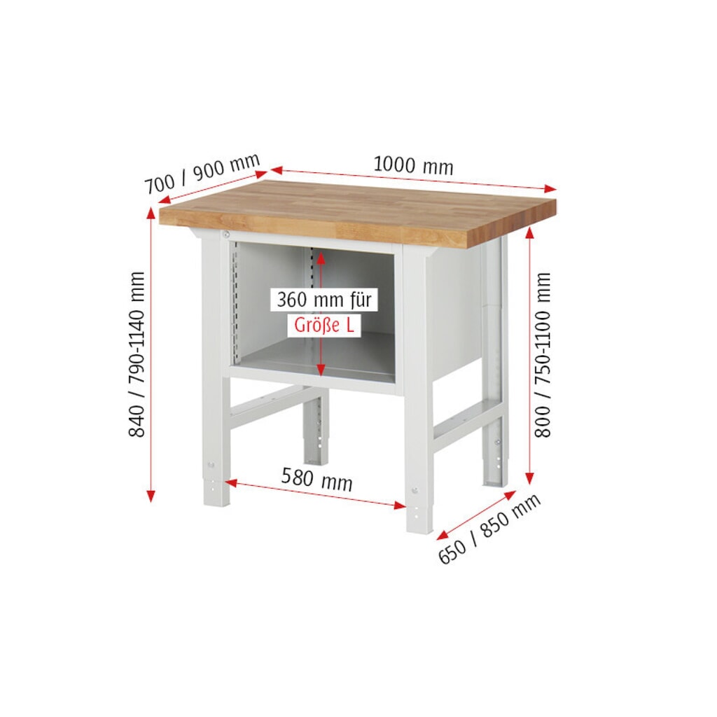 N° de l'image du produit 6 : RAU Établi série 7000, 1 caisson, HxlxP 840 x 1 000 x 900 mm, 2 tiroirs extractibles à 90 % 1 x 150, 1 x 210 mm