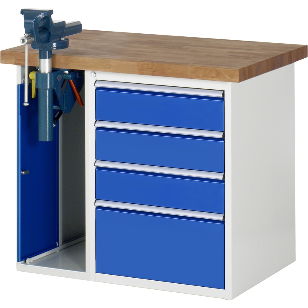 RAU Établi série 7000, HxlxP 890 x 1 000 x 700 mm, 1 caisson sous plateau, avec 4 tiroirs et un étau escamotable Illustration du produit: RAU Établi série 7000, HxlxP 890 x 1 000 x 700 mm, 1 caisson sous plateau, avec 4 tiroirs et un étau escamotable