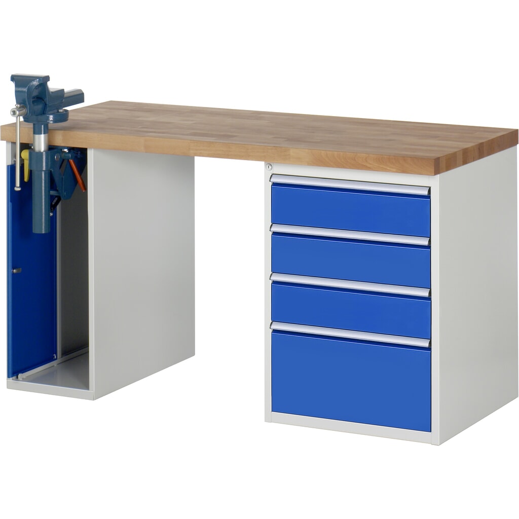Illustration du produit: RAU Établi série 7000, HxlxP 890 x 1 500 x 700 mm, 1 caisson sous plateau, avec 4 tiroirs et un étau escamotable