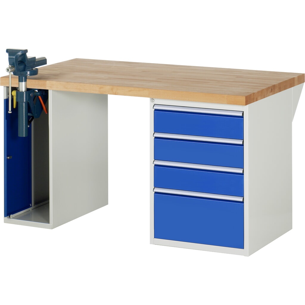 RAU Établi série 7000, HxlxP 890 x 1 500 x 900 mm, 1 caisson sous plateau, avec 4 tiroirs et un étau escamotable N° de l'image du produit 1 : RAU Établi série 7000, HxlxP 890 x 1 500 x 900 mm, 1 caisson sous plateau, avec 4 tiroirs et un étau escamotable