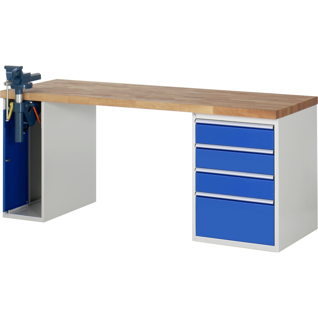 RAU Établi série 7000, HxlxP 890 x 2 000 x 700 mm, 1 caisson sous plateau, avec 4 tiroirs et un étau escamotable N° de l'image du produit 1 : RAU Établi série 7000, HxlxP 890 x 2 000 x 700 mm, 1 caisson sous plateau, avec 4 tiroirs et un étau escamotable