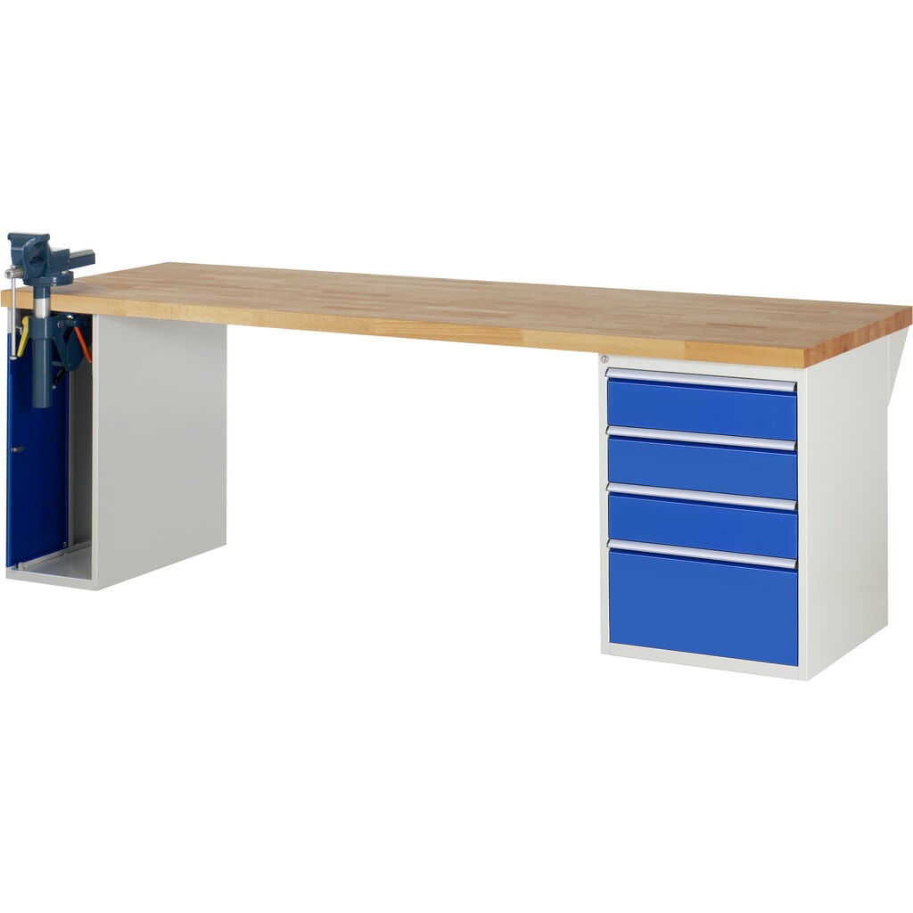 Illustration du produit: RAU Établi série 7000, HxlxP 890 x 2 500 x 900 mm, 1 caisson sous plateau, avec 4 tiroirs et un étau escamotable