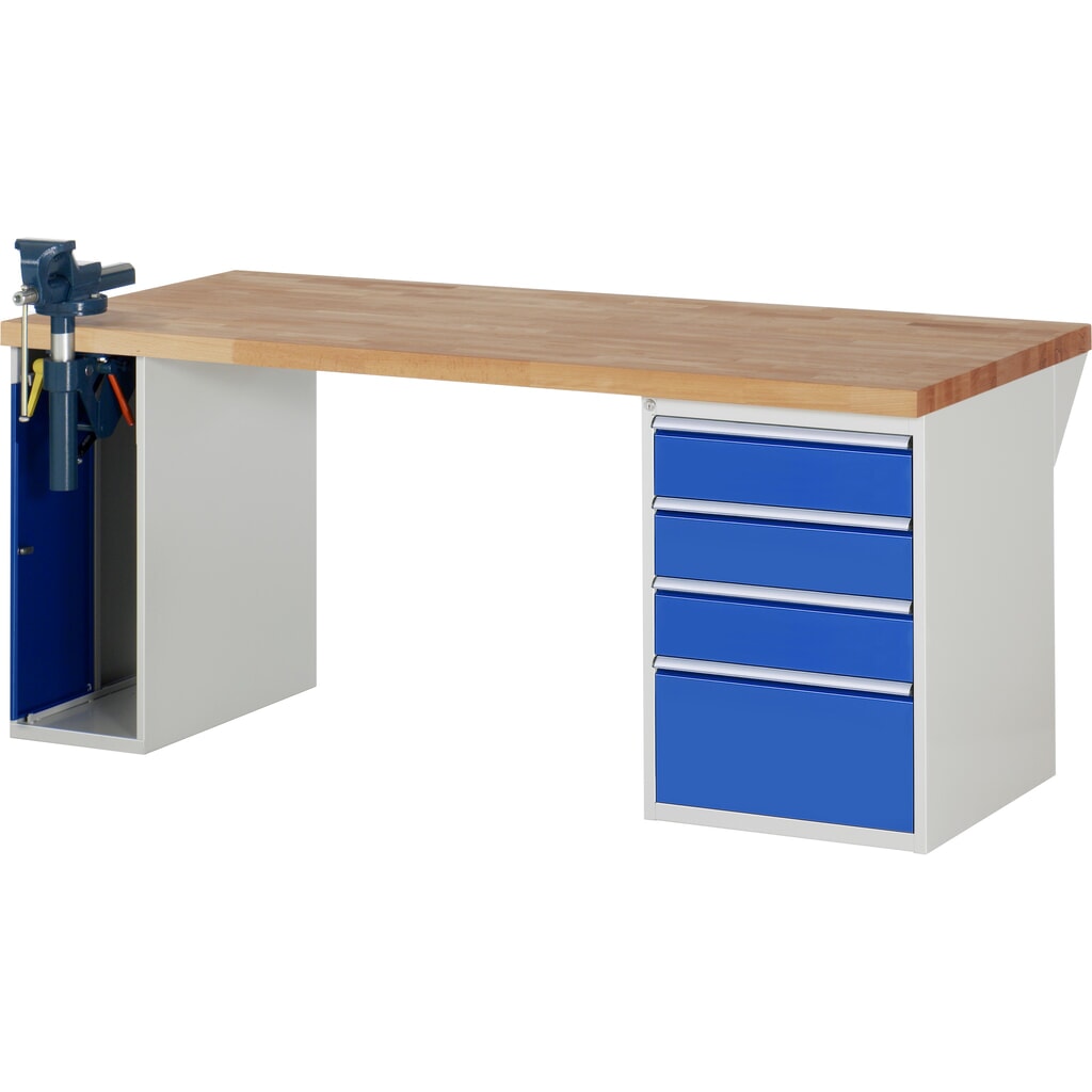Illustration du produit: RAU Établi série 7000, HxlxP 890 x 2 000 x 900 mm, 1 caisson sous plateau, avec 4 tiroirs et un étau escamotable