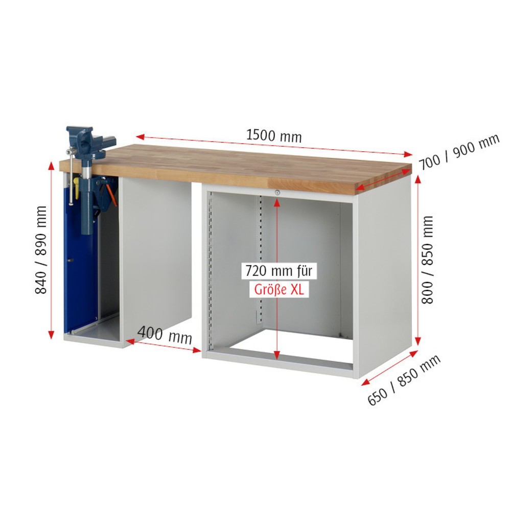 Numéro de l'image du produit 6: RAU Établi série 7000, 2 caissons, HxlxP 890 x 1 500 x 900 mm, 4 tiroirs extractibles à 100%, capacité de charge des tiroirs 75 kg