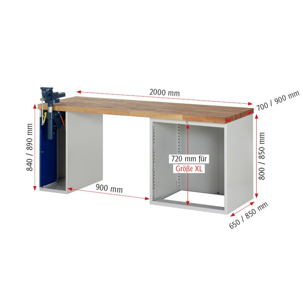 Numéro de l'image du produit 5: RAU Établi série 7000, 2 caissons, HxlxP 890 x 2 000 x 900 mm, 4 tiroirs extractibles à 90%, capacité de charge des tiroirs 75 kg