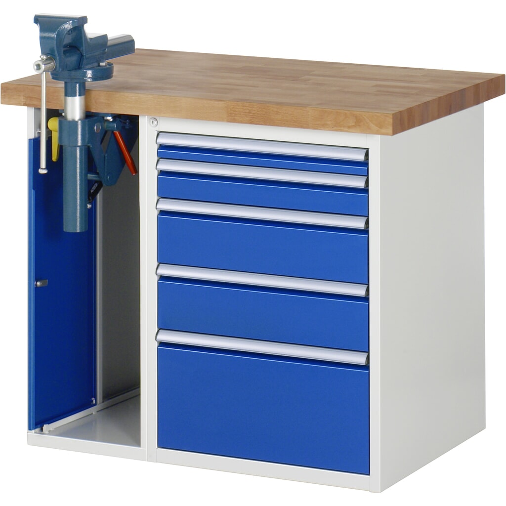 RAU Établi série 7000, HxlxP 890 x 1 000 x 700 mm, 1 caisson sous plateau, avec 5 tiroirs et un étau escamotable Illustration du produit: RAU Établi série 7000, HxlxP 890 x 1 000 x 700 mm, 1 caisson sous plateau, avec 5 tiroirs et un étau escamotable