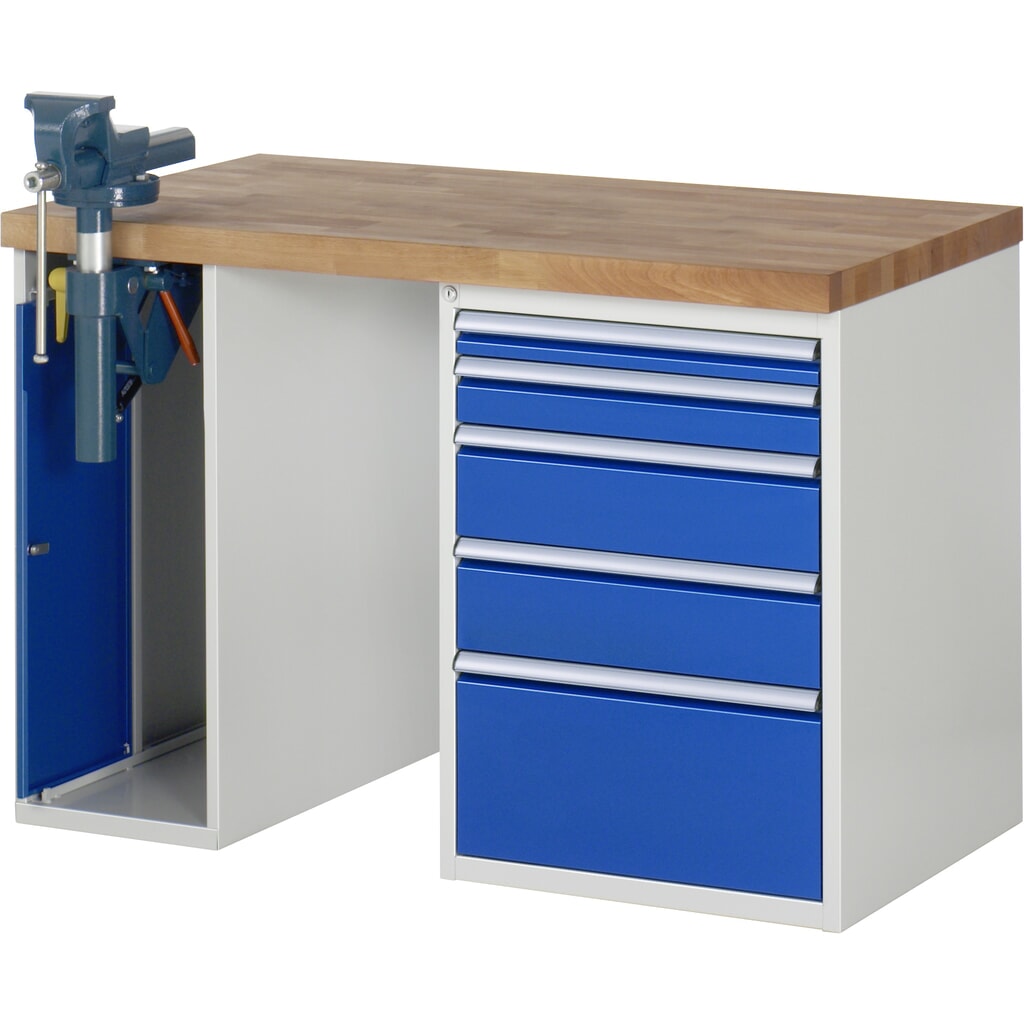 Illustration du produit: RAU Établi série 7000, HxlxP 890 x 1 250 x 700 mm, 1 caisson sous plateau, avec 5 tiroirs et un étau escamotable