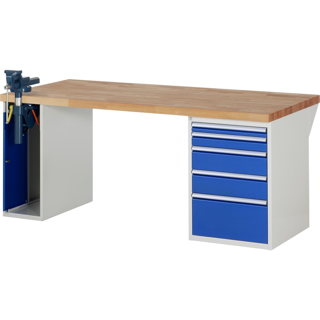 RAU Établi série 7000, HxlxP 890 x 2 000 x 900 mm, 1 caisson sous plateau, avec 5 tiroirs et un étau escamotable Illustration du produit: RAU Établi série 7000, HxlxP 890 x 2 000 x 900 mm, 1 caisson sous plateau, avec 5 tiroirs et un étau escamotable