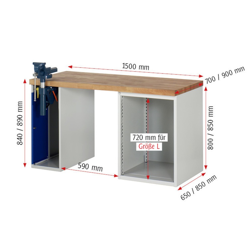 Numéro de l'image du produit 6: RAU Établi série 7000, 2 caissons, HxlxP 890 x 1 500 x 700 mm, 5 tiroirs, étau