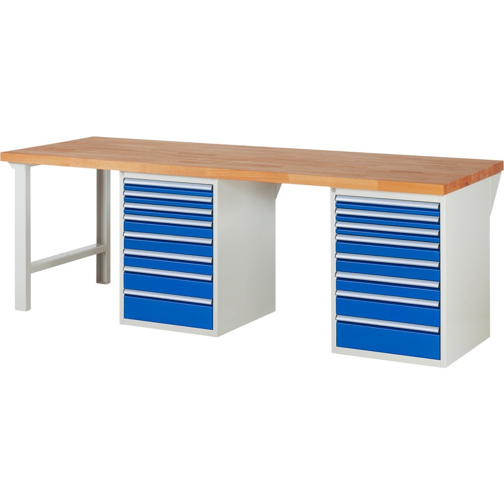 N° de l'image du produit 1 : RAU Établi série 7000, 2 conteneurs, HxlxP 840 x 2 500 x 900 mm, 16 tiroirs extractibles à 90 %