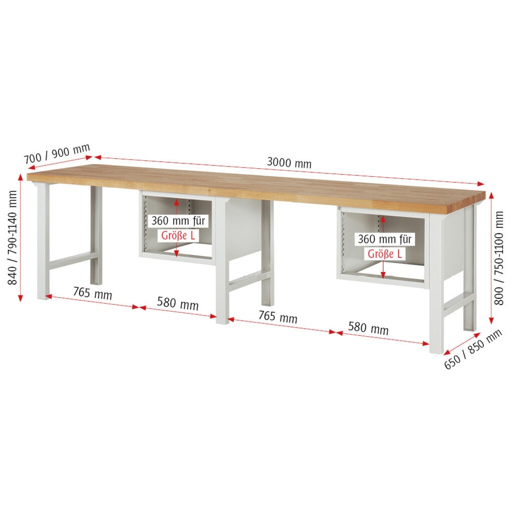 N° de l'image du produit 5 : RAU Établi série 7000, 2 caissons, HxlxP 840 x 3 000 x 700 mm, 4 tiroirs extractibles à 90 % 2 x 150 mm, 2 x 210 mm