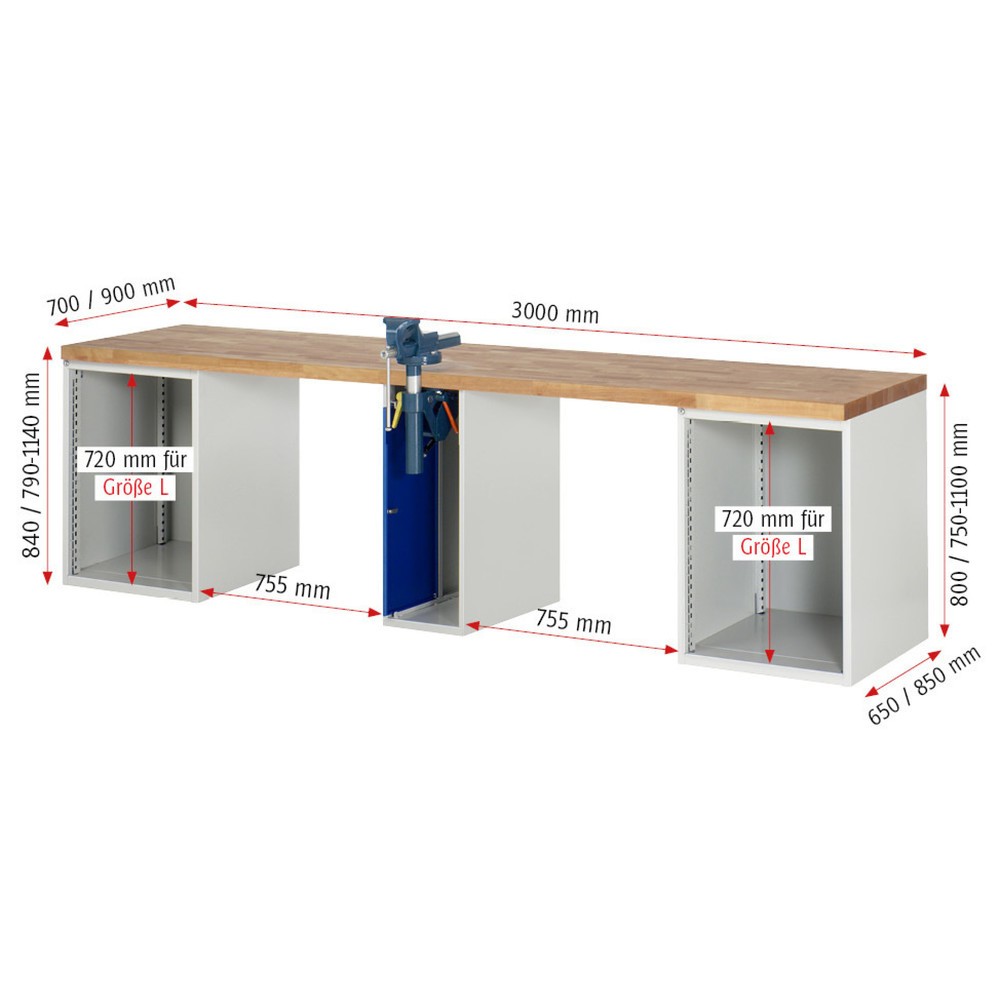 Numéro de l'image du produit 5: RAU Établi série 7000, 3 caissons, HxlxP 890 x 3 000 x 700 mm, 8 tiroirs 6 x 150 mm, 2 x 270 mm