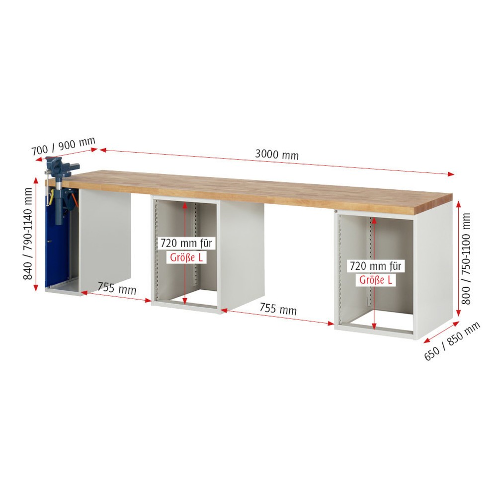 Numéro de l'image du produit 5: RAU Établi série 7000, 3 caissons, HxlxP 890 x 3 000 x 700 mm, 8 tiroirs 6 x 150 mm, 2 x 270 mm