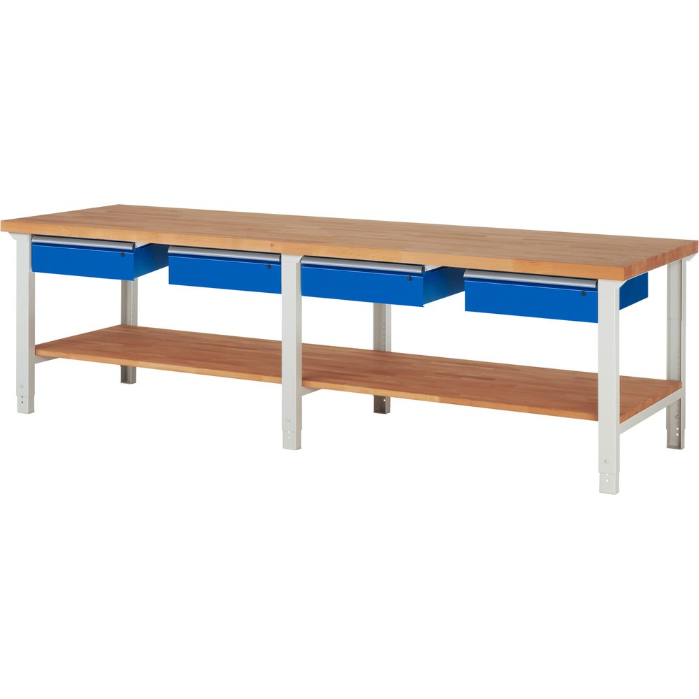 Numéro de l'image du produit 1: RAU Établi série 7000, 1 tablette en hêtre massif, HxlxP 790-1 140 x 3 000 x 900 mm, 4 tiroirs 4 x 150 mm