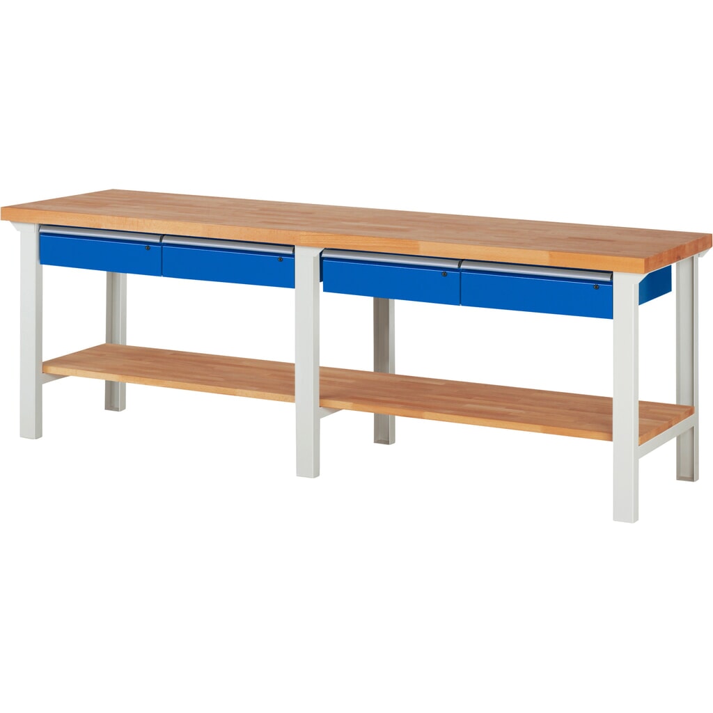 N° de l'image du produit 1 : RAU Établi série 7000, 1 tablette en hêtre massif, HxlxP 840 x 2 500 x 700 mm, 4 tiroirs 4 x 150 mm