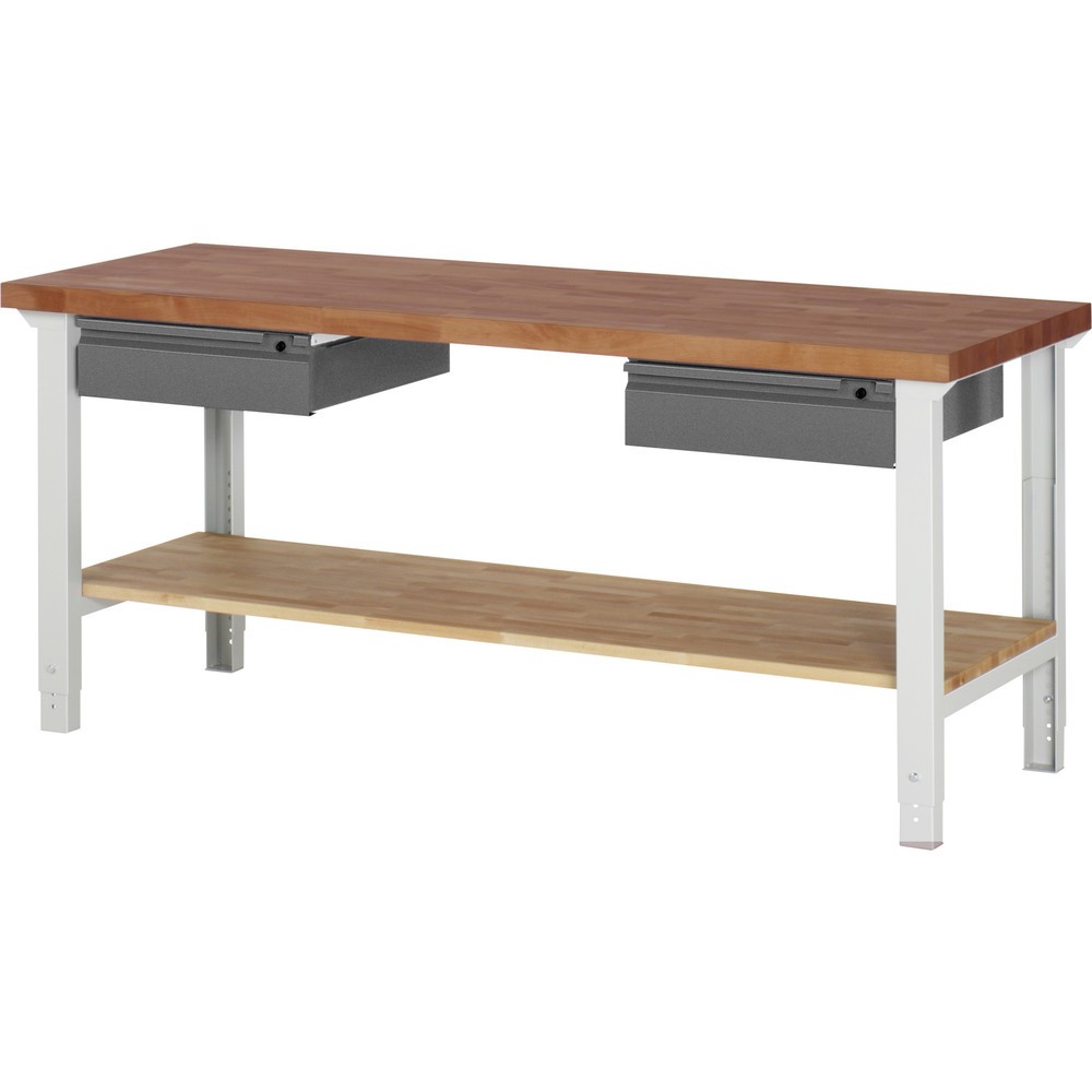 N° de l'image du produit 1 : RAU Établi Série 7000, plan de travail en hêtre rouge massif, 2 tiroirs, 1 tablette en hêtre massif, HxlxP 790-1 140 x 2 000 x 700 mm, 2 tiroirs