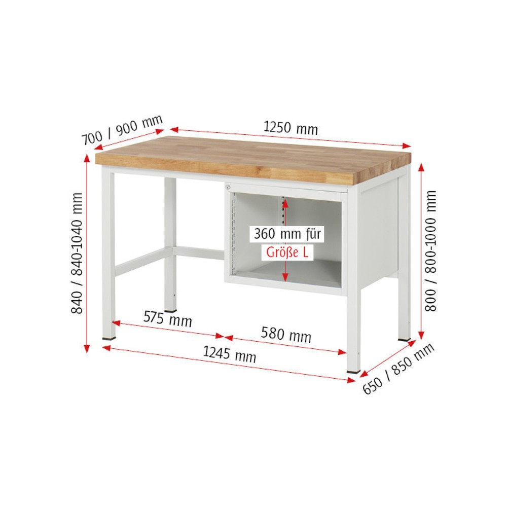 Numéro de l'image du produit 3: RAU Établi série 8000, HxlxP 840 x 1 250 x 700 mm, 2 tiroirs extractibles à 100 % 2 x 180 mm, capacité de charge des tiroirs 100 kg