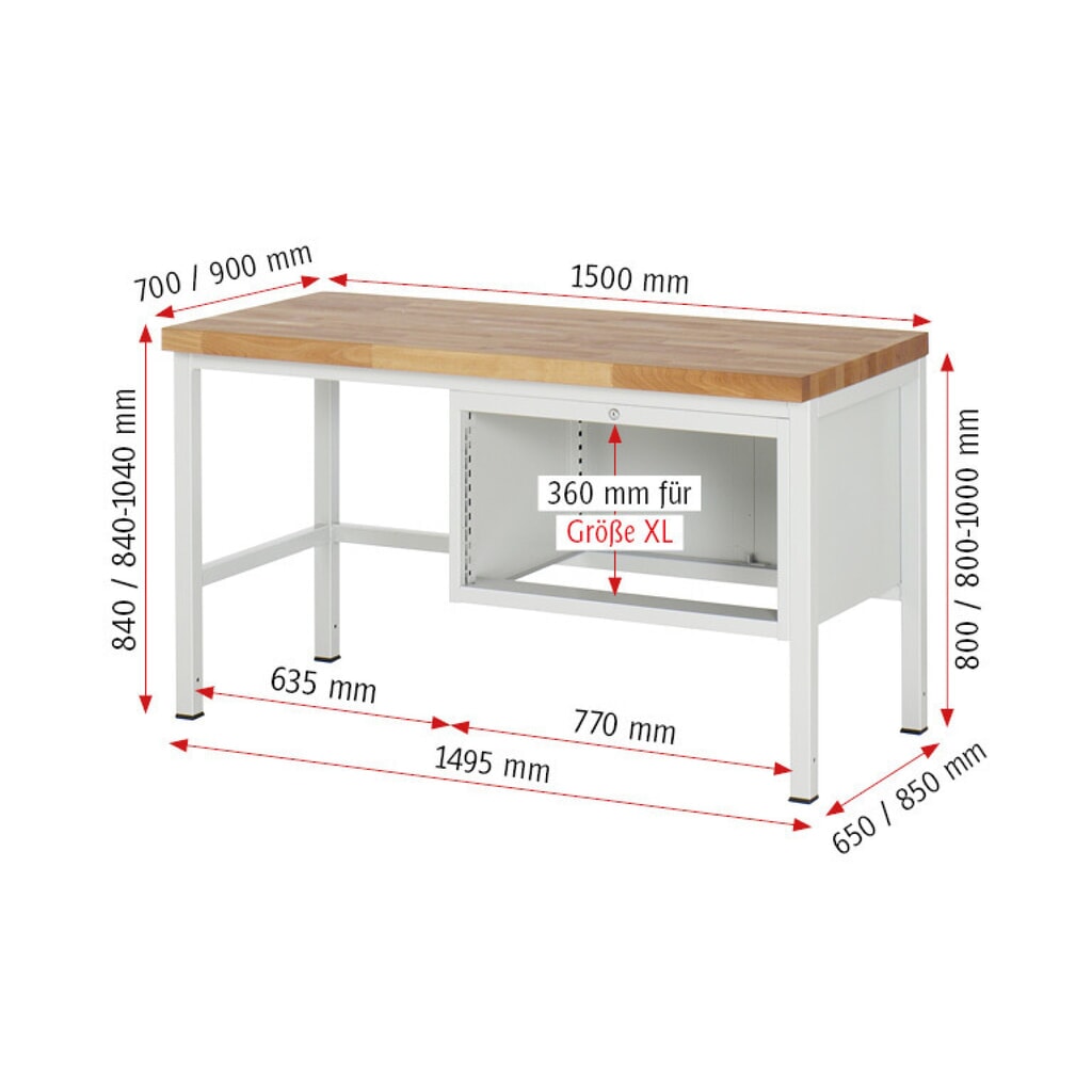 N° de l'image du produit 7 : RAU Établi série 8000, HxlxP 840-1 040 x 1 500 x 900 mm, 4 tiroirs extractibles à 90 % 4 x 90 mm, capacité de charge des tiroirs 75 kg