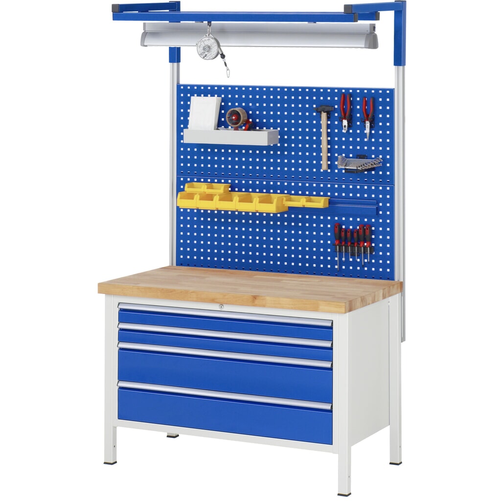 N° de l'image du produit 6 : RAU Établi série 8000, HxlxP 840 x 1 250 x 700 mm, 2 tiroirs extractibles à 100 % 2 x 180 mm, capacité de charge des tiroirs 50 kg
