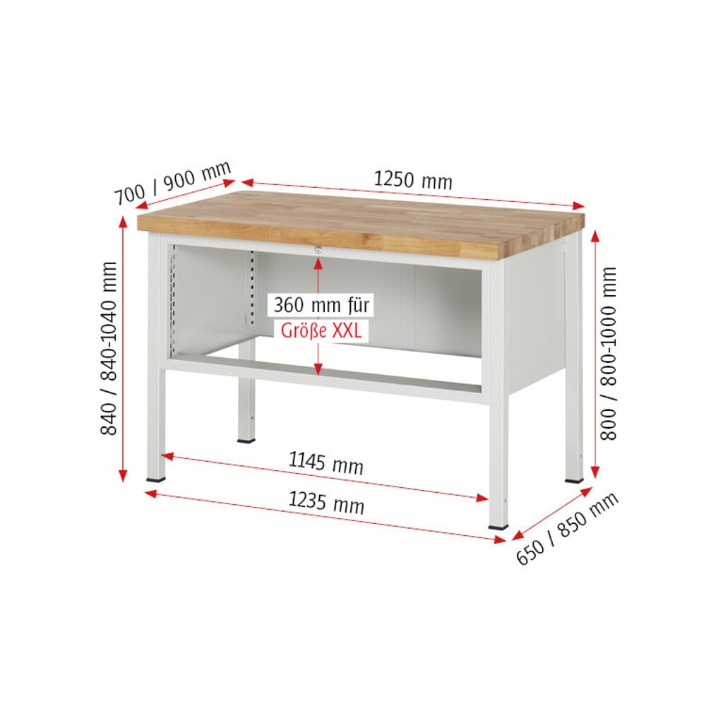 N° de l'image du produit 7 : RAU Établi série 8000, HxlxP 840 x 1 250 x 700 mm, 2 tiroirs extractibles à 100 % 2 x 180 mm, capacité de charge des tiroirs 50 kg