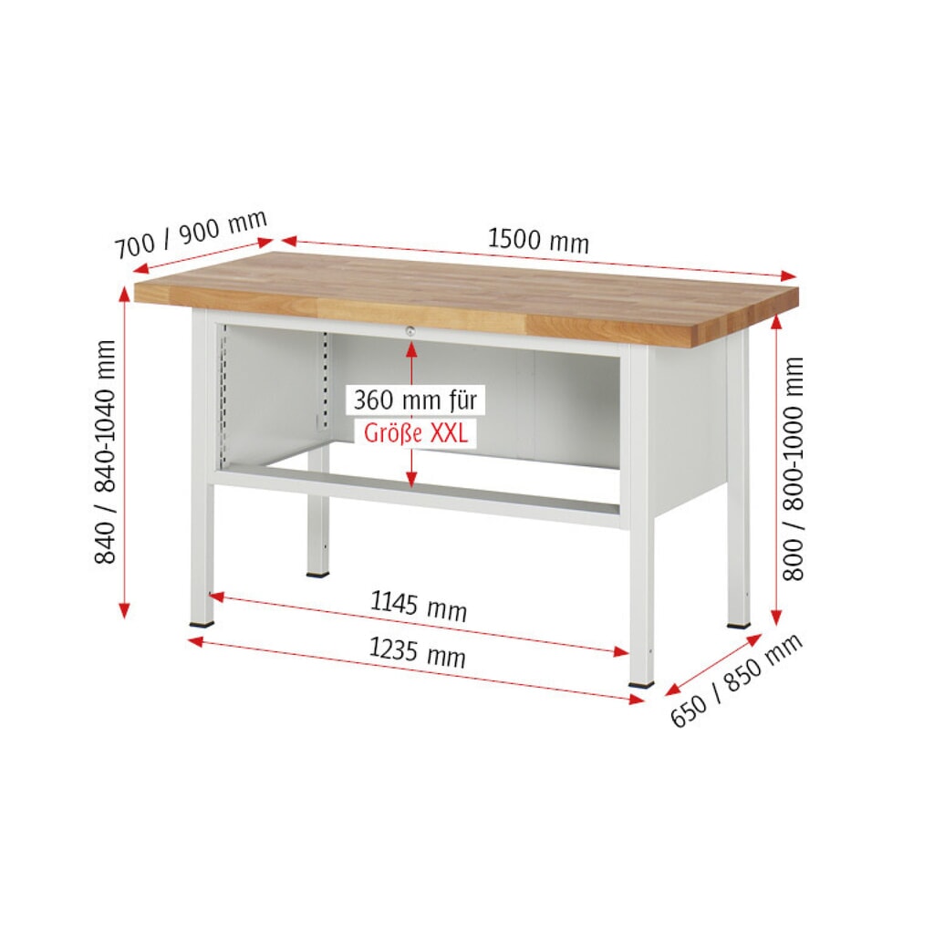 N° de l'image du produit 8 : RAU Établi série 8000, HxlxP 840-1 040 x 1 500 x 900 mm, 4 tiroirs extractibles à 90 % 4 x 90 mm, capacité de charge des tiroirs 50 kg