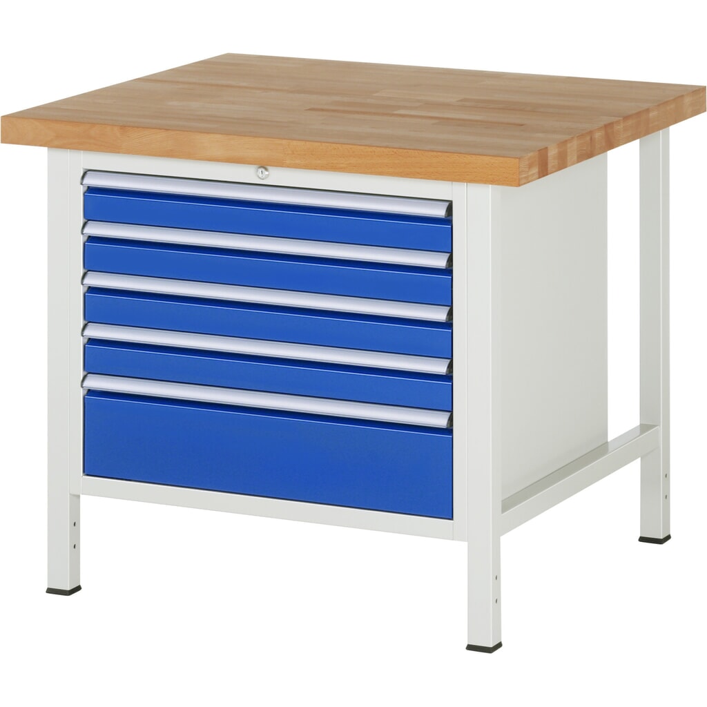 Établi RAU série 8000, HxlxP 840-1 040 x 1 000 x 900 mm, 5 tiroirs 100 % télescopiques 4 x 90, 1 x 180 mm, capacité de charge des tiroirs 75 kg Illustration du produit: Établi RAU série 8000, HxlxP 840-1 040 x 1 000 x 900 mm, 5 tiroirs 100 % télescopiques 4 x 90, 1 x 180 mm, capacité de charge des tiroirs 75 kg