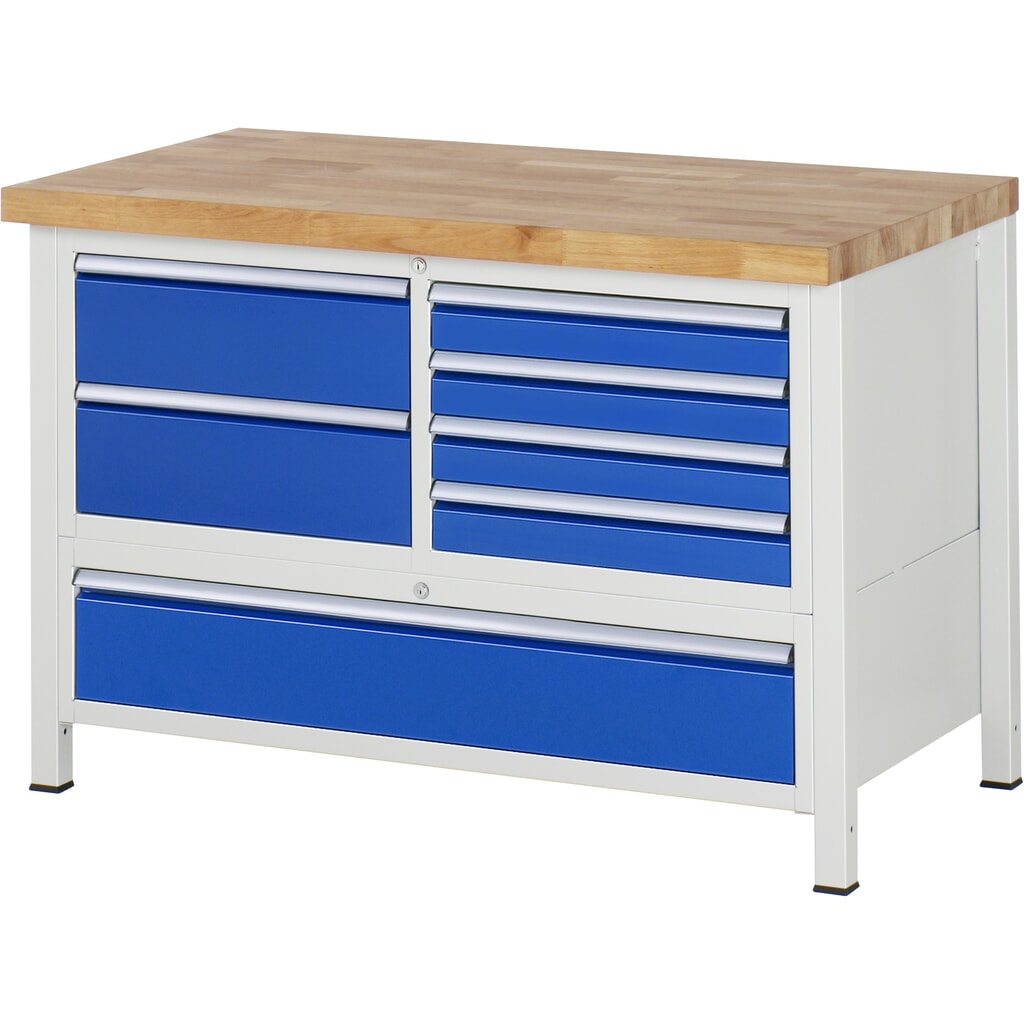 N° de l'image du produit 1 : RAU Établi série 8000, HxlxP 840-1 040 x 1 250 x 700 mm, 1 triple caisson sous plateau, avec 7 tiroirs