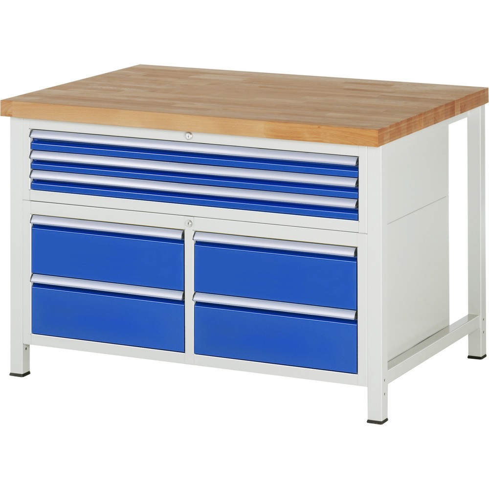 N° de l'image du produit 1 : RAU Établi série 8000, 1 caisson triple, HxlxP 840-1 040 x 1 250 x 900 mm, 7 tiroirs extractibles à 100 % 3 x 60, 4 x 180 mm