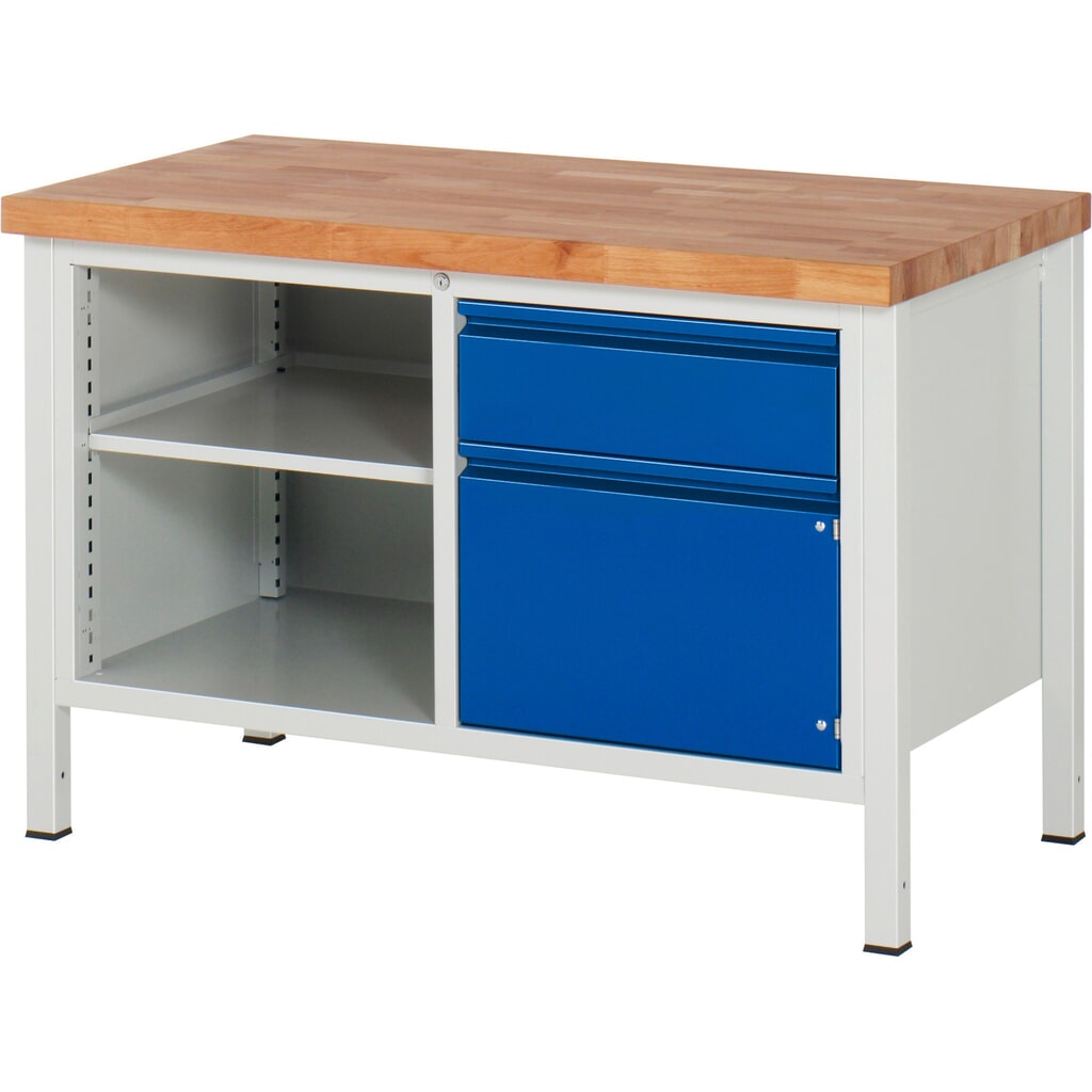 N° de l'image du produit 1 : RAU Établi série 8000, 1 caisson double, 1 tablette, 1 porte battante, HxlxP 840-1 040 x 1 250 x 700 mm, 1 tiroir extractible à 90 %