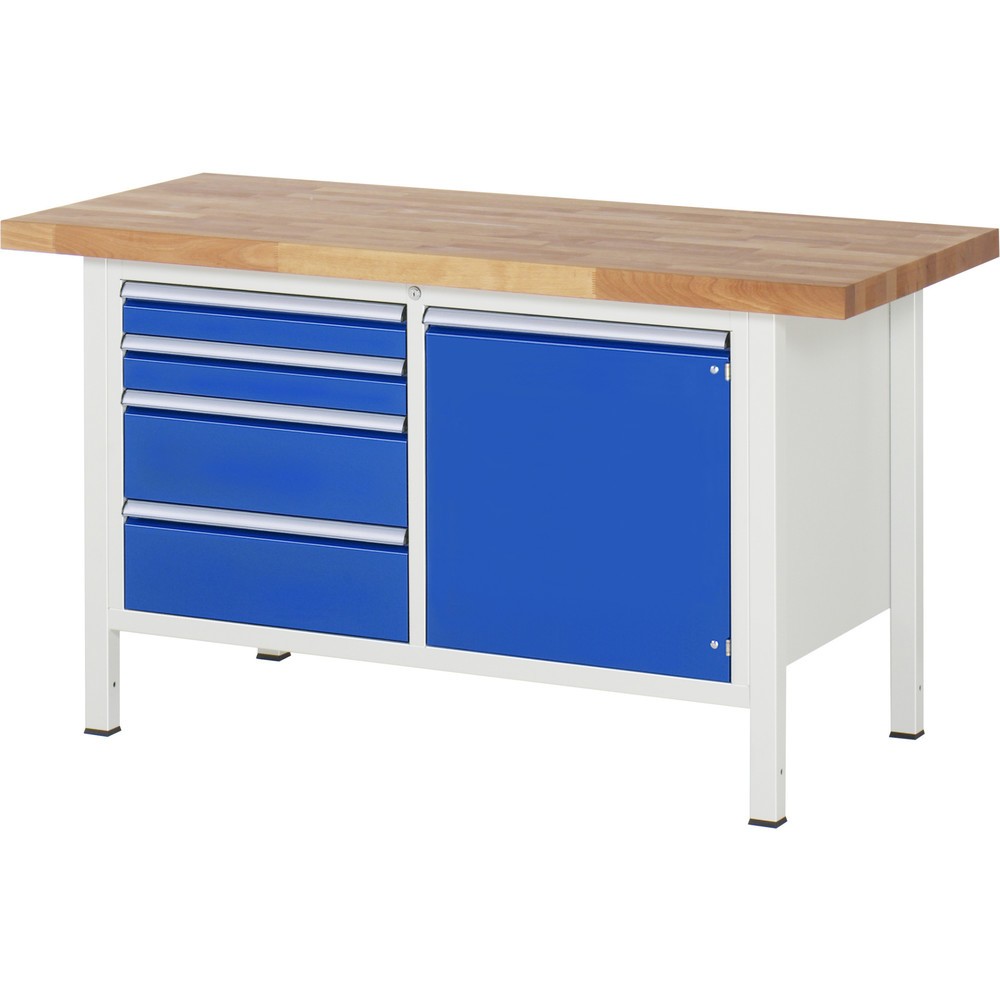 N° de l'image du produit 1 : RAU Établi série 8000, 1 double caisson, 1 porte battante, HxlxP 840-1 040 x 1 500 x 700 mm, 4 tiroirs