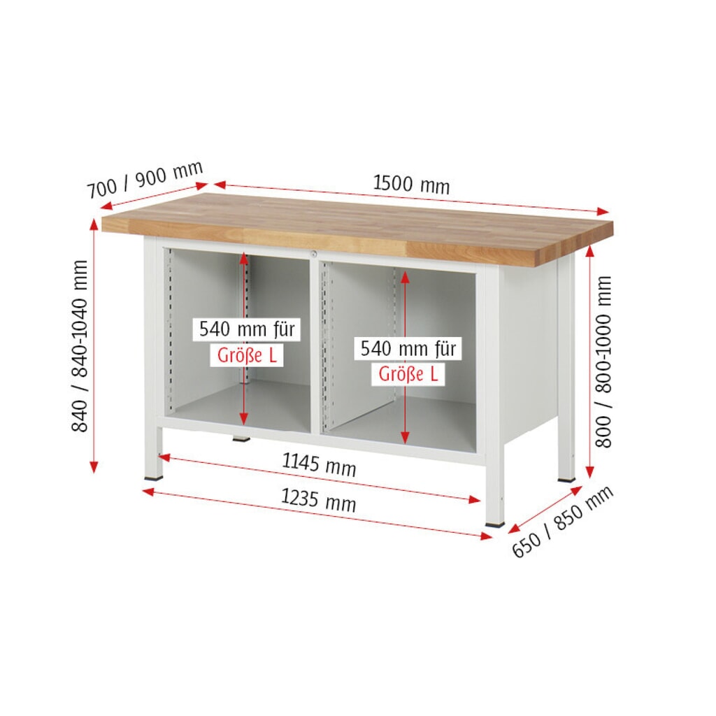 N° de l'image du produit 6 : RAU Établi série 8000, 1 double caisson, 2 portes battantes, HxlxP 840 x 1 500 x 700 mm, 4 tiroirs