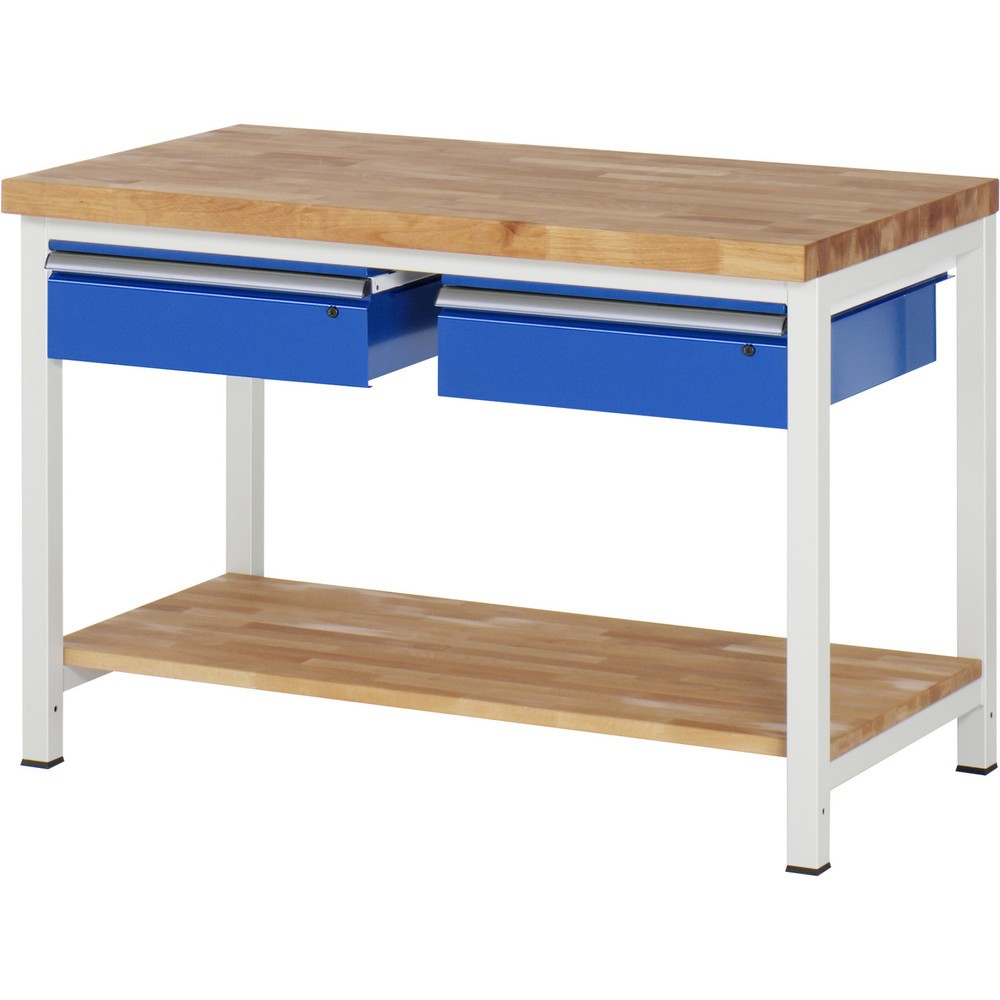 N° de l'image du produit 1 : RAU Établi série 8000, HxlxP 840-1 040 x 1 250 x 700 mm, 2 tiroirs, 1 tablette en hêtre massif profondeur 557 mm