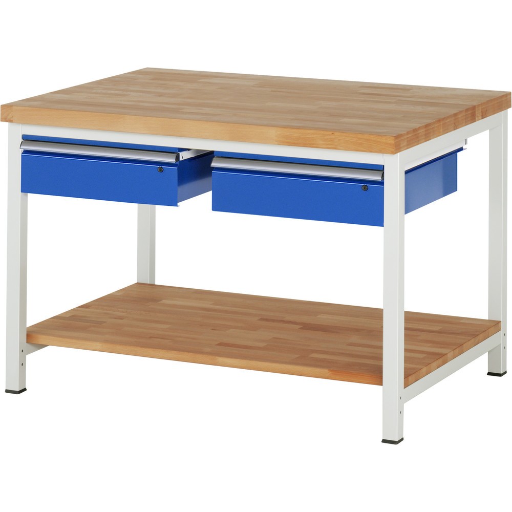 Numéro de l'image du produit 1: RAU Établi série 8000, HxlxP 840-1 040 x 1 250 x 900 mm, 2 tiroirs, 1 tablette en hêtre massif profondeur 757 mm
